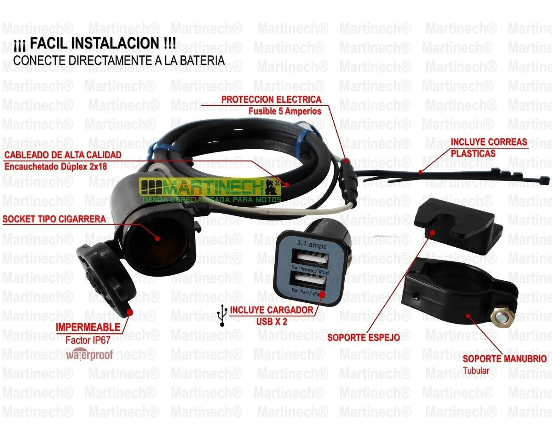 Cargador Moto Gps O Celular Doble Puerto Usb +soporte Espejo 4
