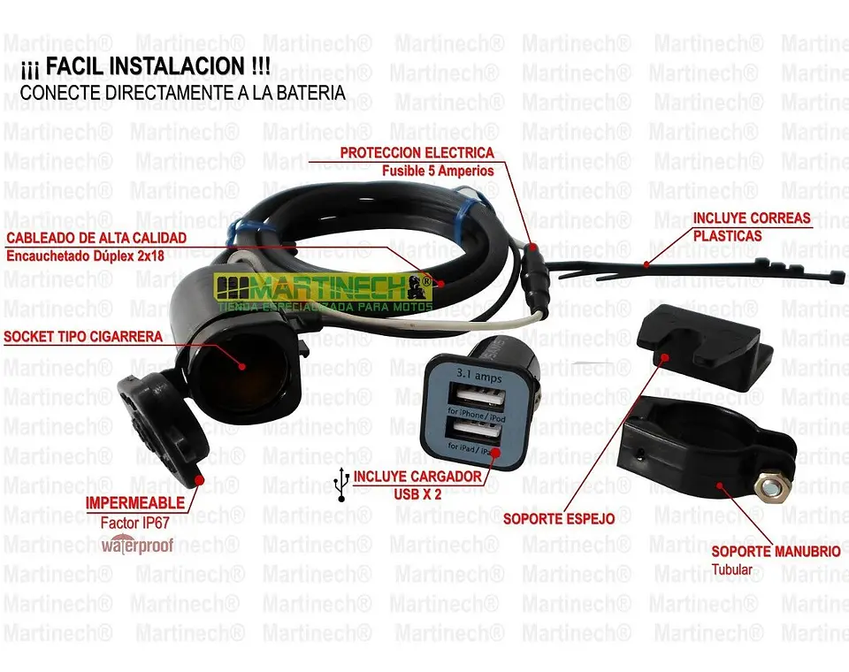 Cargador Moto Gps O Celular Doble Puerto Usb +soporte Espejo 4