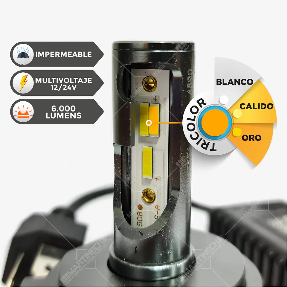 Bombillo Led Tri-Color 6000 CSP Lúmenes Oro Moto o Carro H4 4