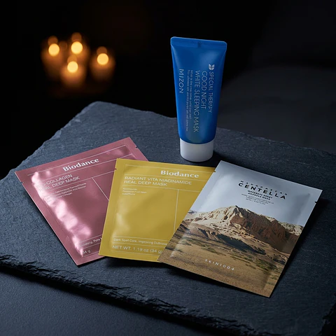 Kit 4 Mascarillas Coreanas: Biodance Colágeno + Niacinamida + Sleeping Mask
