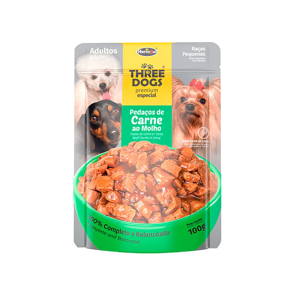 SACHET THREE DOGS  ADULTOS RAZAS PEQUEÑAS Y MINIS 100 GRAMOS       
