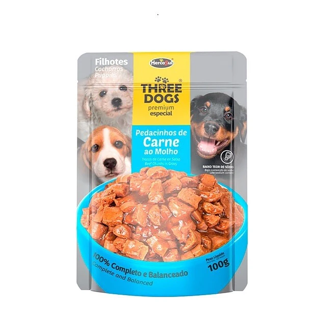 SACHET THREE DOGS CACHORROS CARNE 100 GRAMOS           