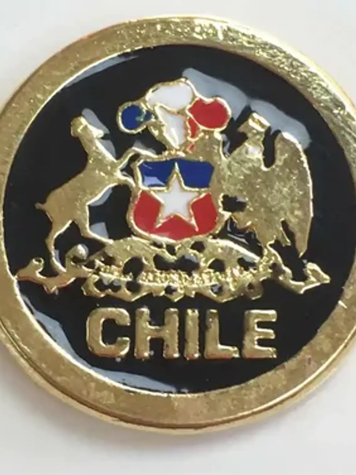 Pin Escudo De Chile Bañado En Oro Pintado A Mano 2 Centimetr Dorado Con Fondo Negro Y Detalles Rojo, Blanco Y Azul Escudo De Chile 1