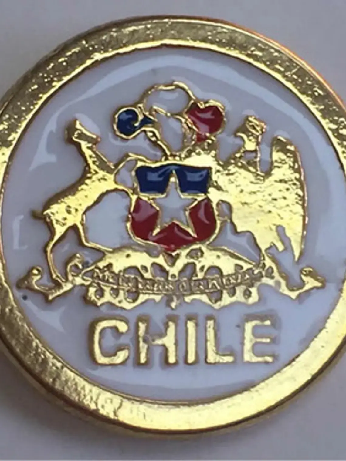 Pin Escudo De Chile Bañado En Oro Pintado A Mano 2 Centimetr Dorado Con Fondo Negro Y Detalles Rojo, Blanco Y Azul Escudo De Chile 2