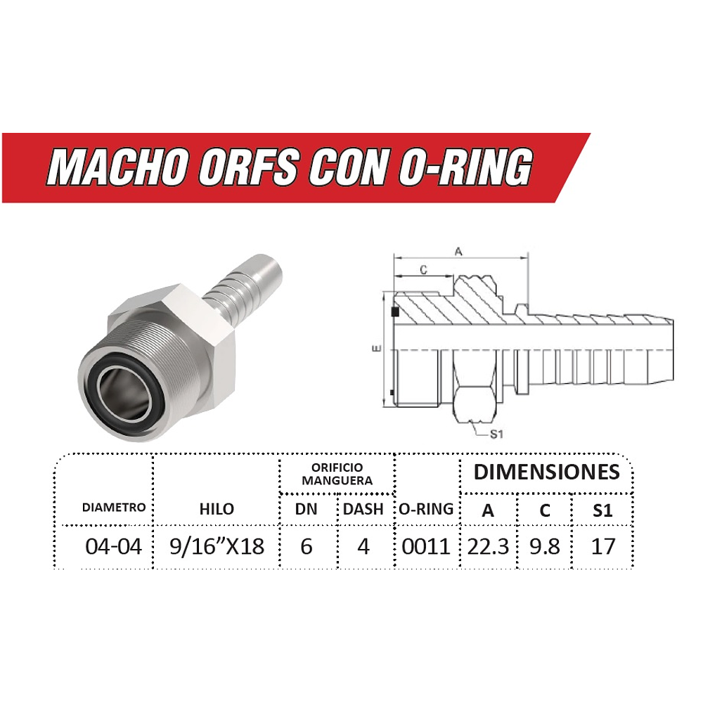 Conector Hidraulico Macho ORFS 9/16 pulgadas Hilo 18
