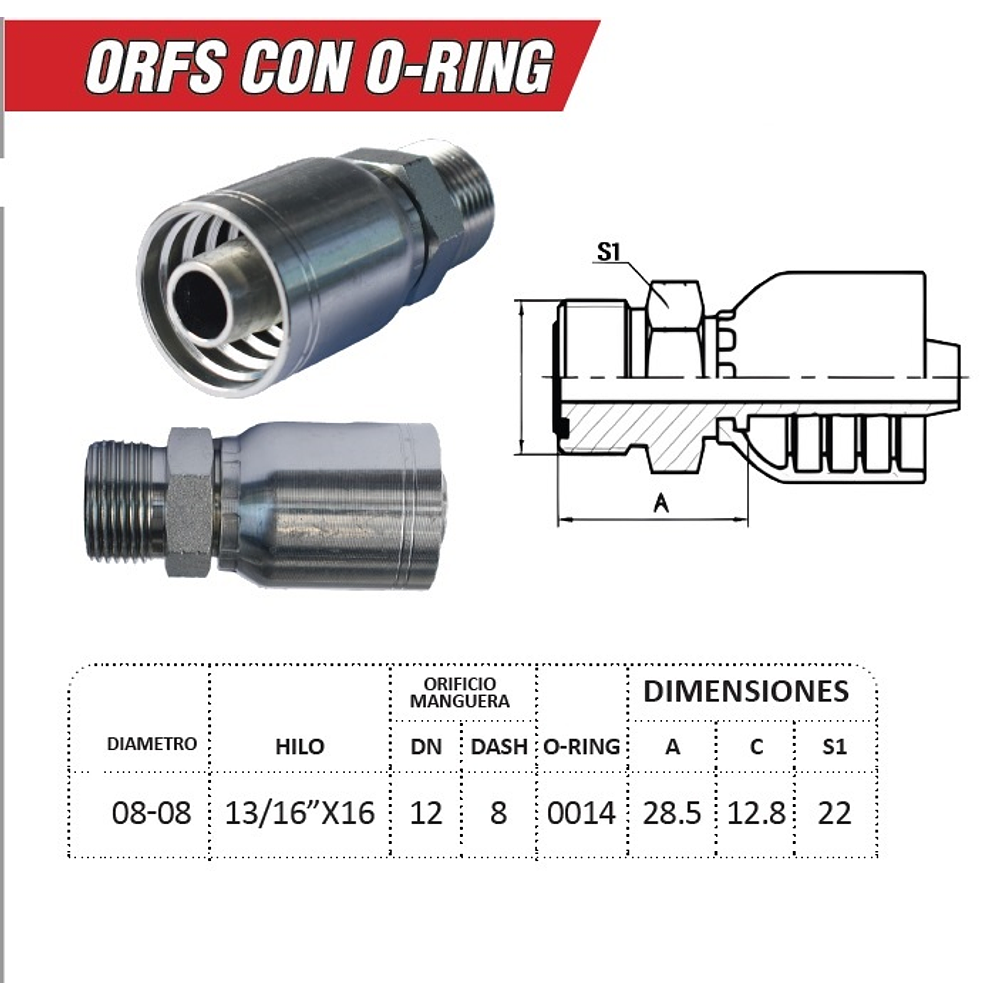 Conector Hidráulico Hembra ORFS 13/16 pulgadas Hilo 16