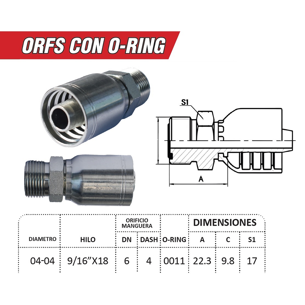 Conector Hidraulico Hembra ORFS 9/16 pulgadas Hilo 18