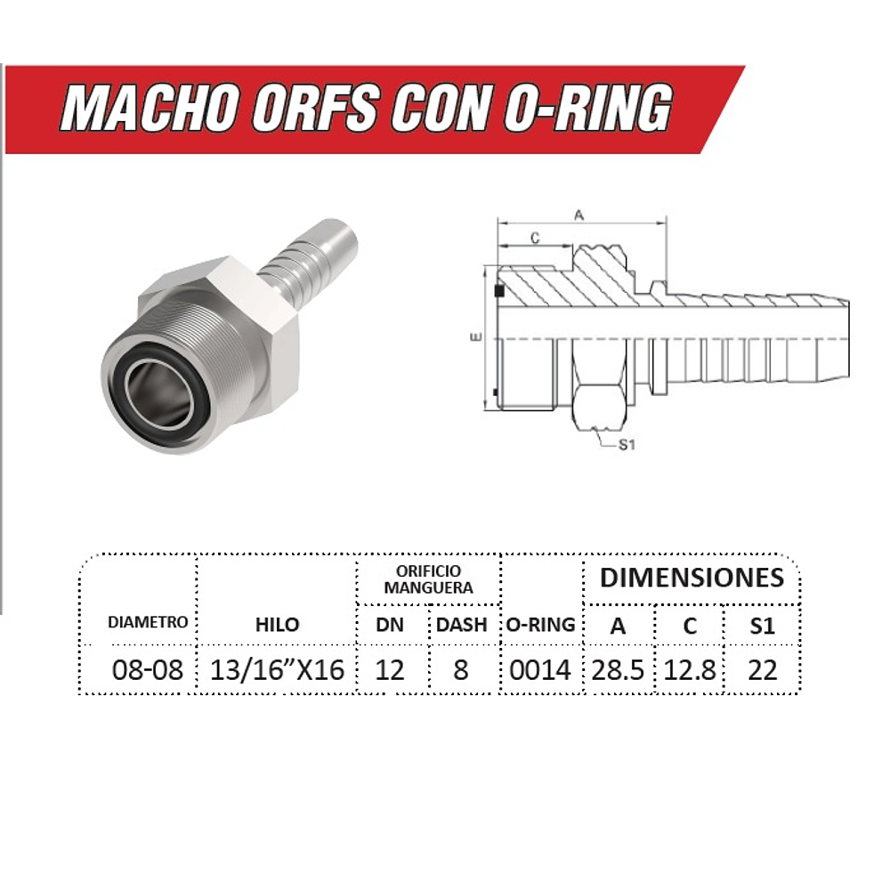 Conector Hidraulico Macho ORFS 13/16 pulgadas Hilo 16