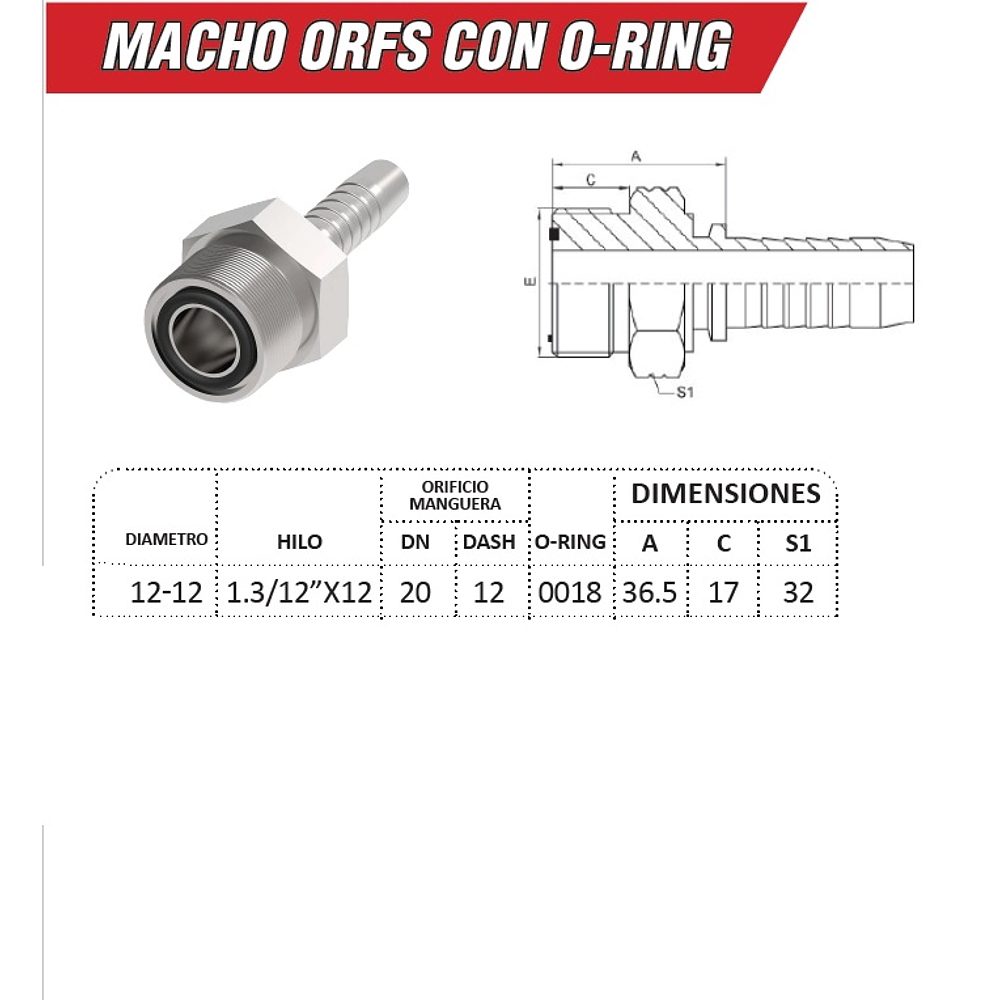 Conector Hidráulico Macho ORFS 1.3/12" pulgadas Hilo 12