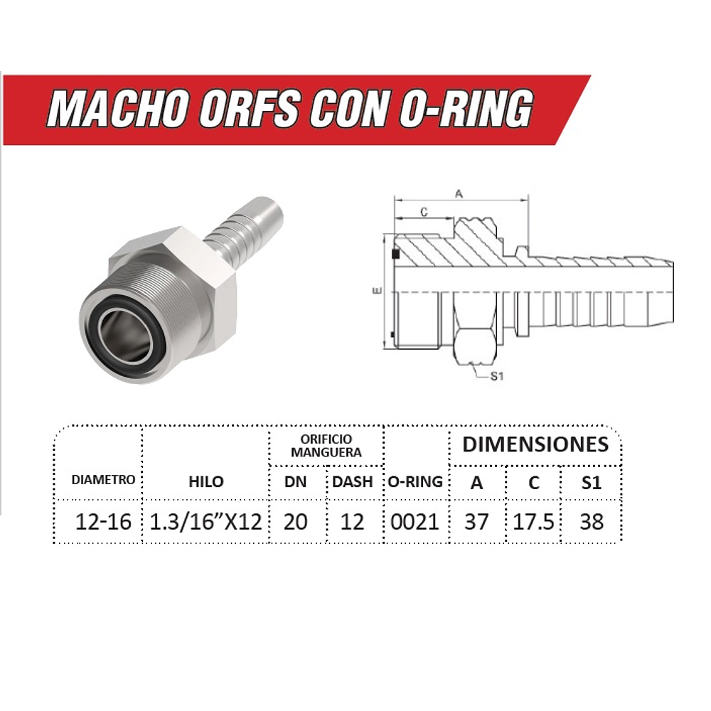 Conector Hidráulico Macho ORFS 1.3/16" pulgadas Hilo 12