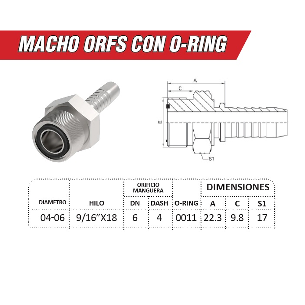 Conector Hidráulico Macho ORFS 9/16" pulgadas Hilo 18 10mm