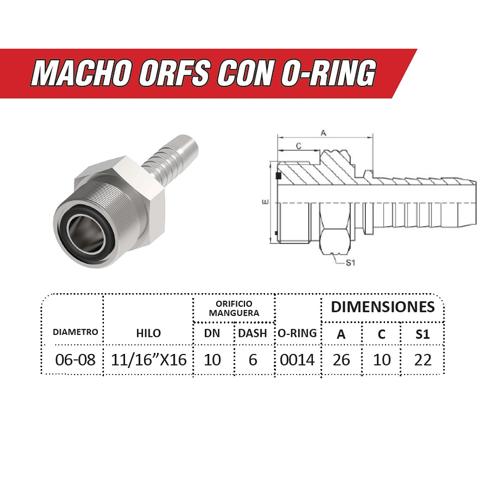 Conector Hidraulico Macho ORFS 11/16 pulgadas Hilo 16 13mm