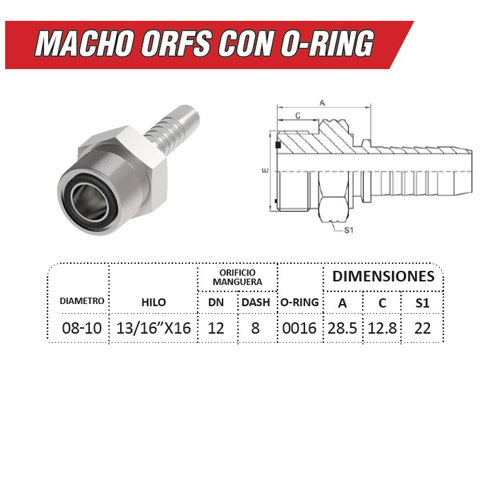 Conector Hidraulico Macho ORFS 13/16 pulgadas Hilo 16 19mm