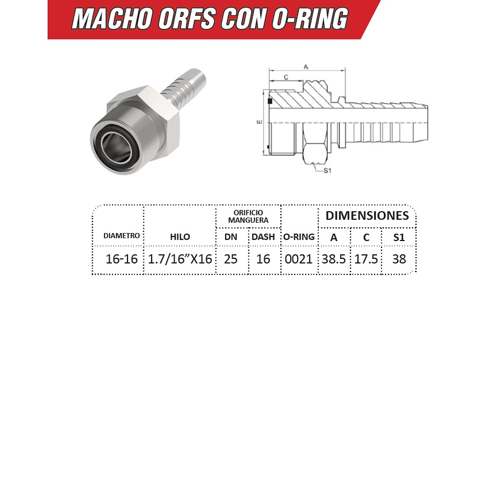 Conector Hidráulico Macho ORFS 1.7/16" pulgadas Hilo 16