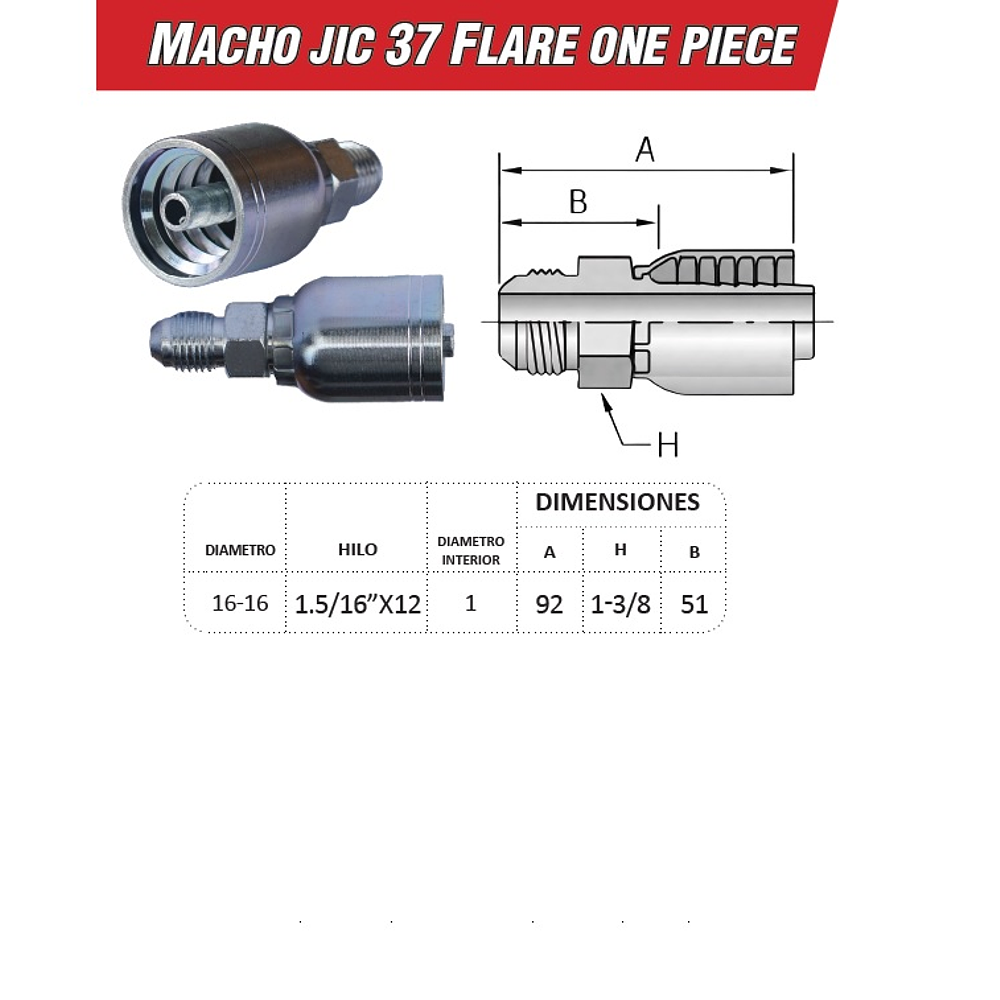 Conector Macho Jic 37 Flare One Piece 1.5/16 pulgadas hilo 12