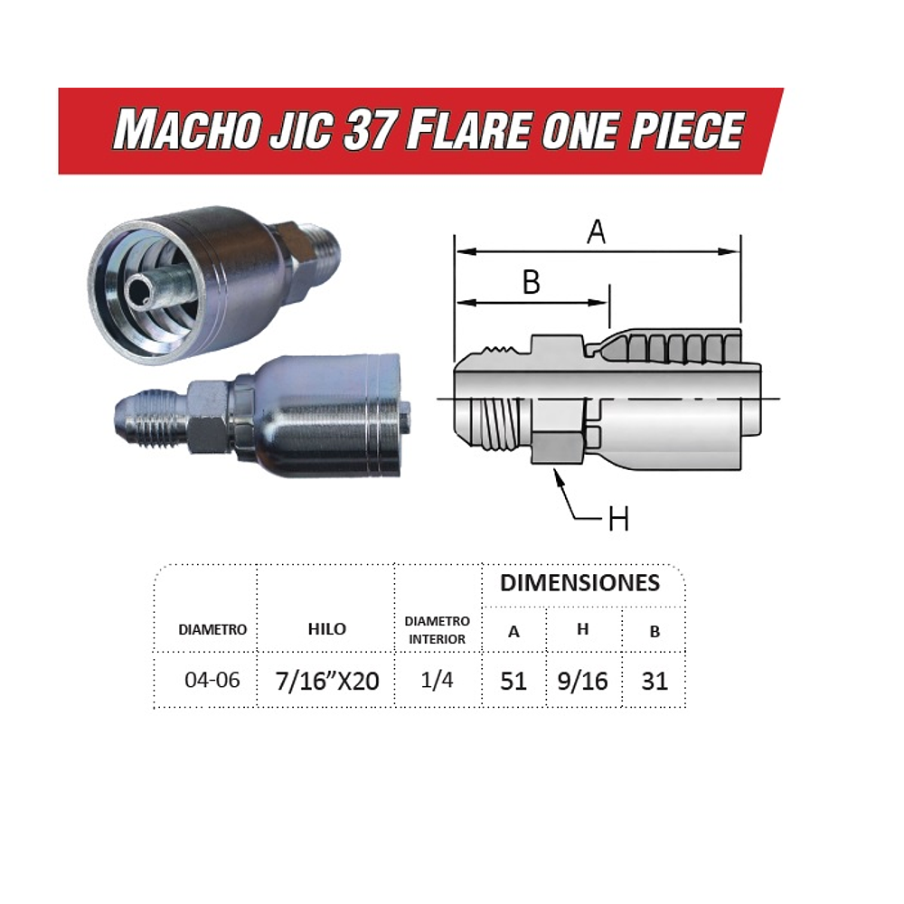 Conector Macho Jic 37 Flare One Piece 7/16 Pulgadas Hilo 20 14mm