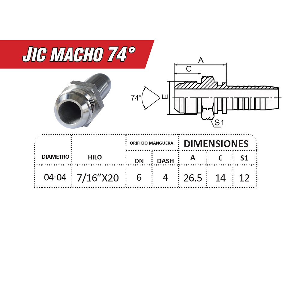 Conector Hidraulico Macho JIC 74 7/16 Hilo 20