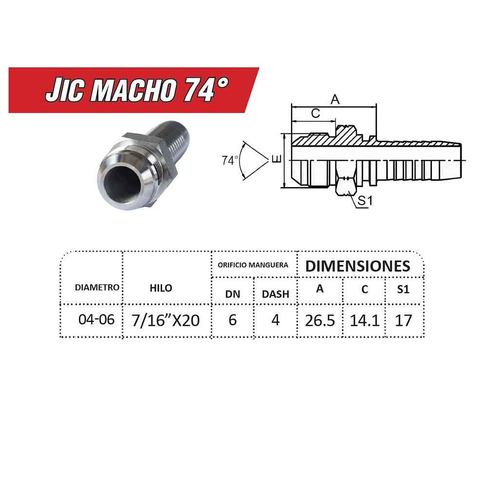 Conector Hidraulico Macho JIC 74 7/16 Hilo 20 10MM