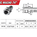 Conector Hidraulico Macho JIC 74 7/16 Hilo 20 10MM