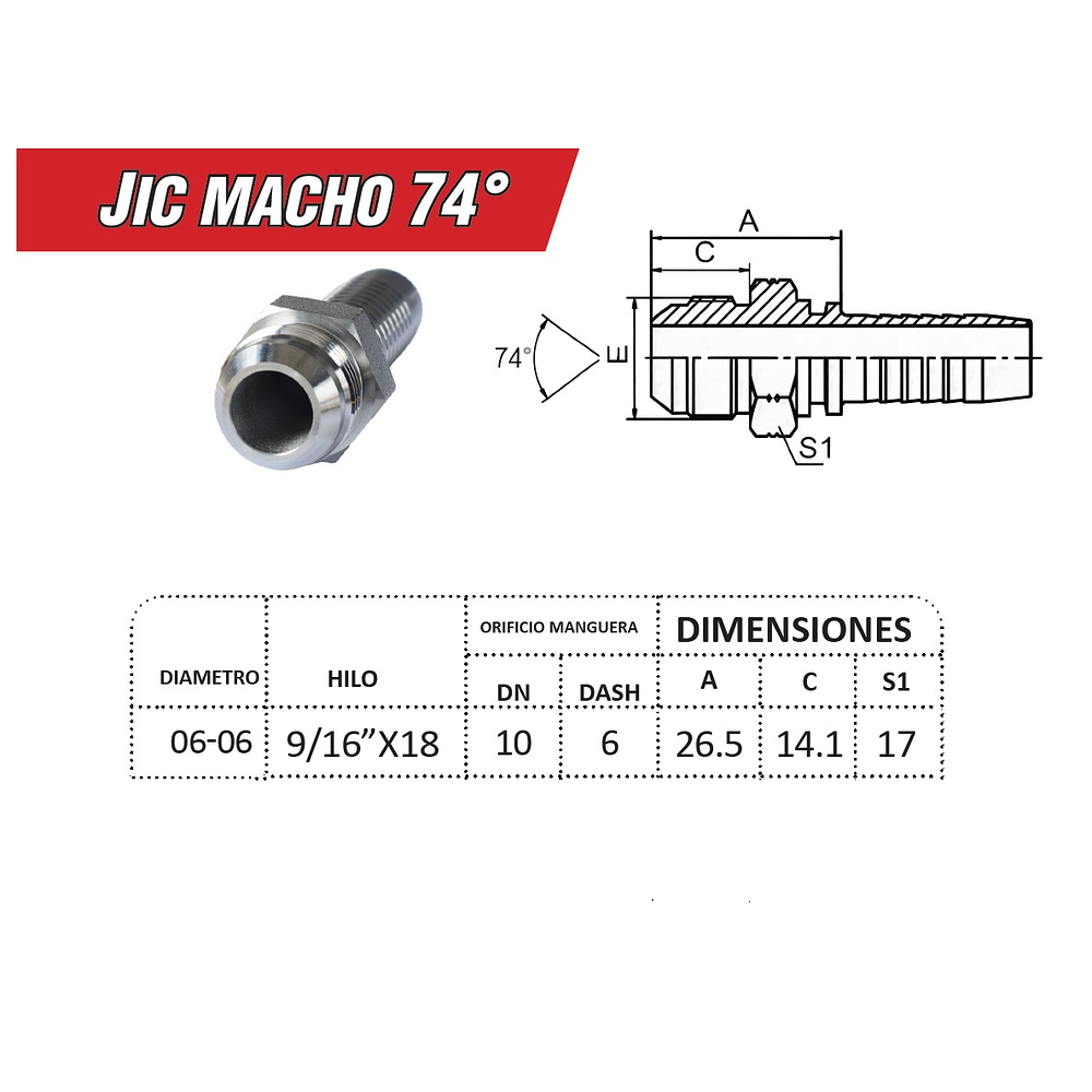 Conector Hidráulico Macho JIC 74 9/16 Hilo 18