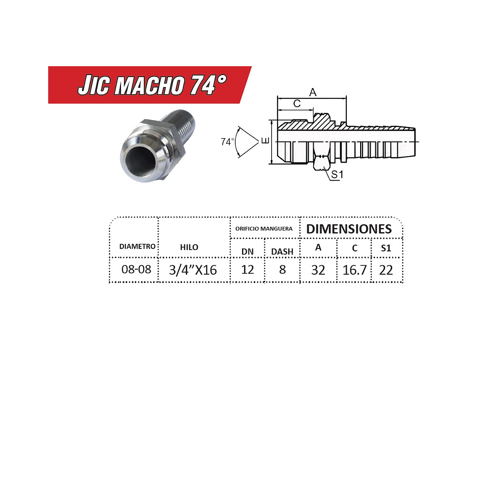 Conector Hidráulico Macho JIC 74 3/4 Hilo 16