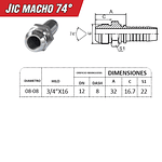 Conector Hidráulico Macho JIC 74 3/4 Hilo 16