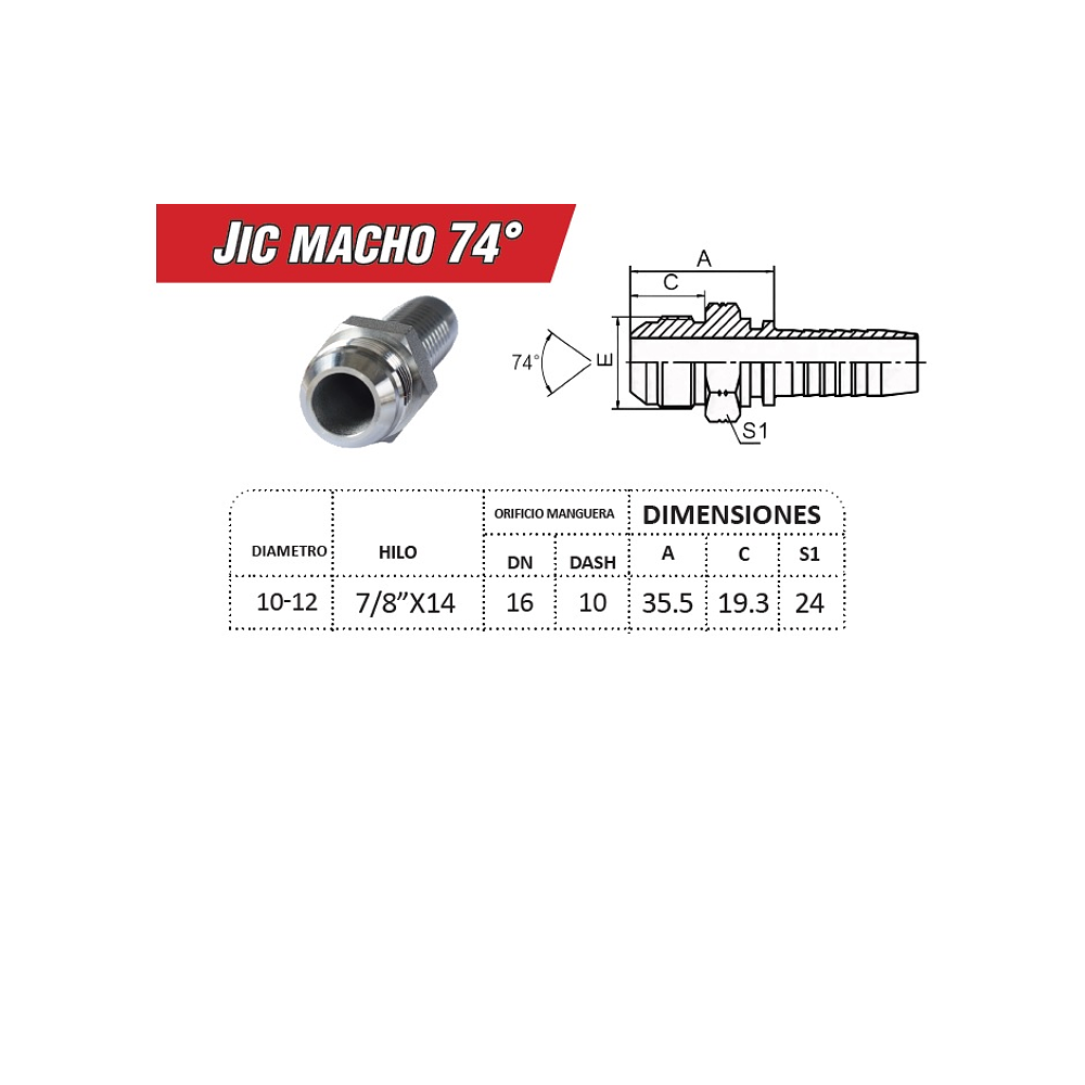 Conector Hidráulico Macho JIC 74 7/8 Hilo 14 