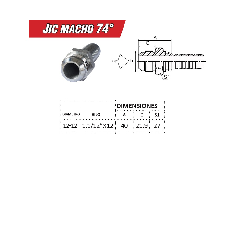 Conector Hidráulico Macho JIC 1.1/12 Hilo 12