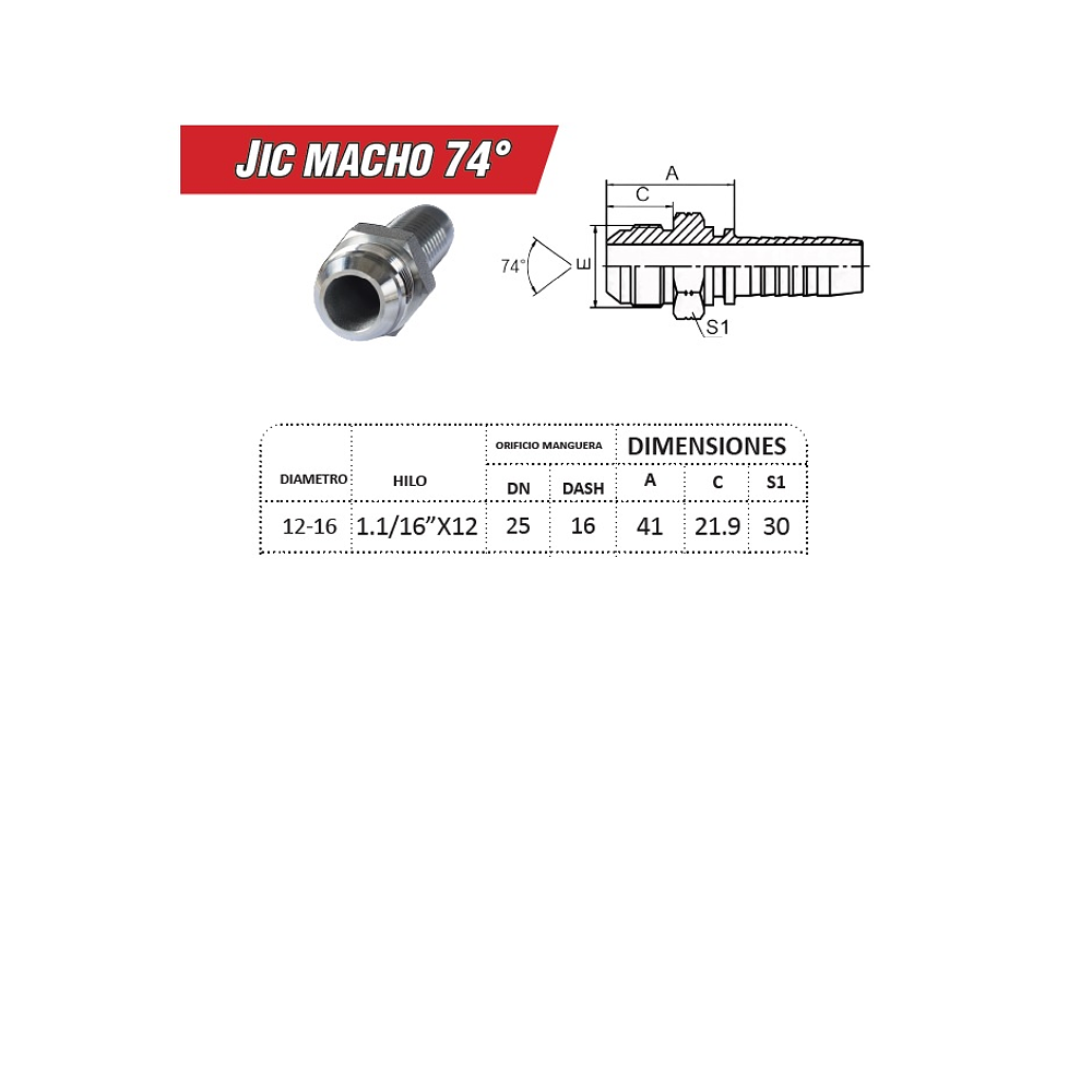 Conector Hidráulico Macho JIC 1.1/16 Hilo 12