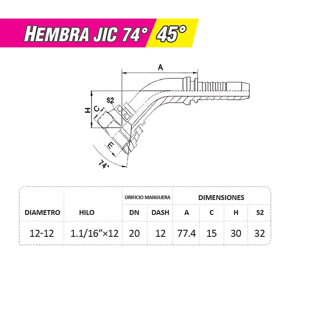 Conector Hidráulico Hembra Jic 1.1/16 x 12 45 Grados 