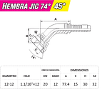 Conector Hidráulico Hembra Jic 1.1/16 x 12 45 Grados 