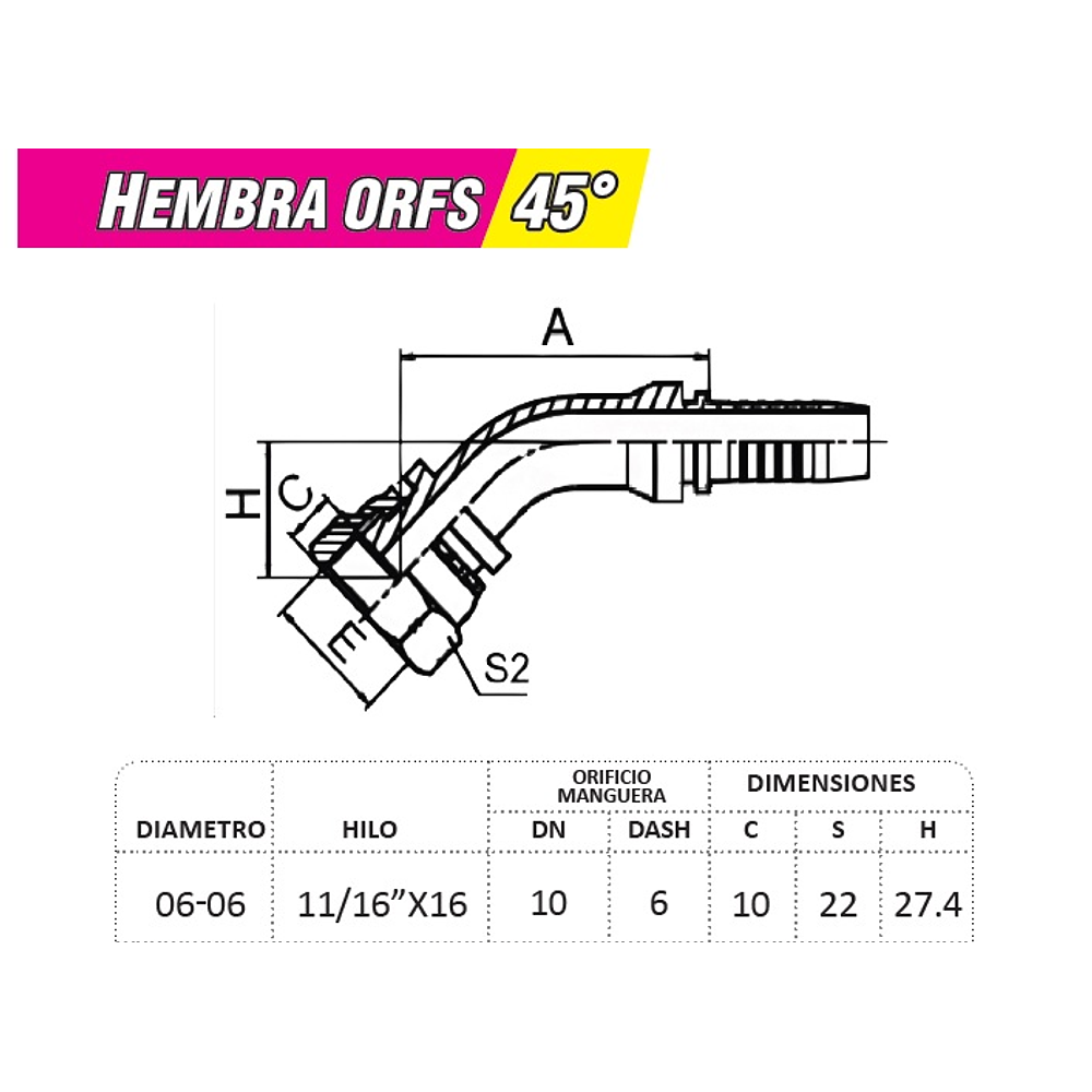 Conector Hidráulico Hembra ORFS 11/16 x 16 45 grados