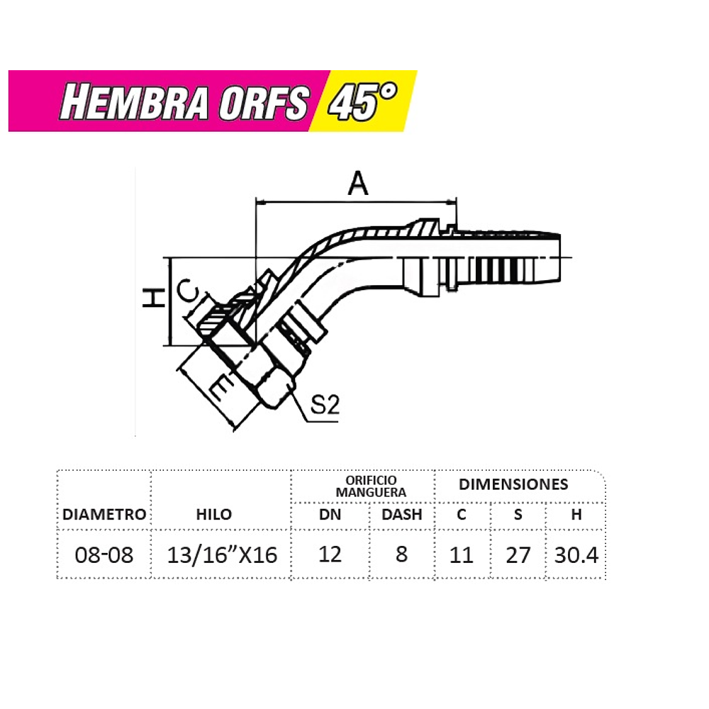 Conector Hidráulico Hembra ORFS 13/16 x 16 45 grados