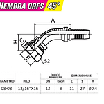 Conector Hidráulico Hembra ORFS 13/16 x 16 45 grados