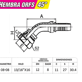 Conector Hidráulico Hembra ORFS 13/16 x 16 45 grados