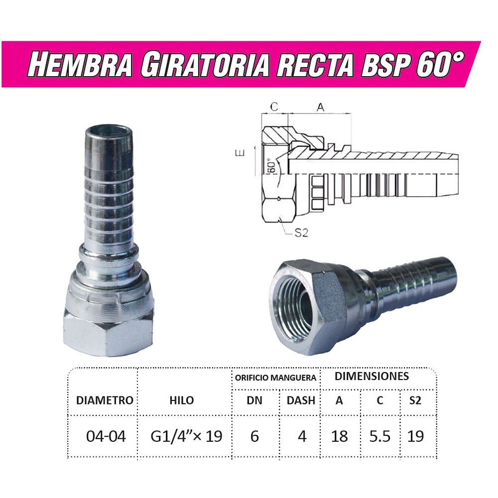 Conector Hidráulico 1/4" x 19 Hembra Giratoria Recta  BSP 60 grados