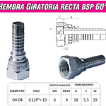 Conector Hidráulico 1/4" x 19 Hembra Giratoria Recta  BSP 60 grados