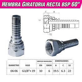 Conector Hidráulico 3/8" x 19 Hembra Giratoria Recta BSP 60 grados