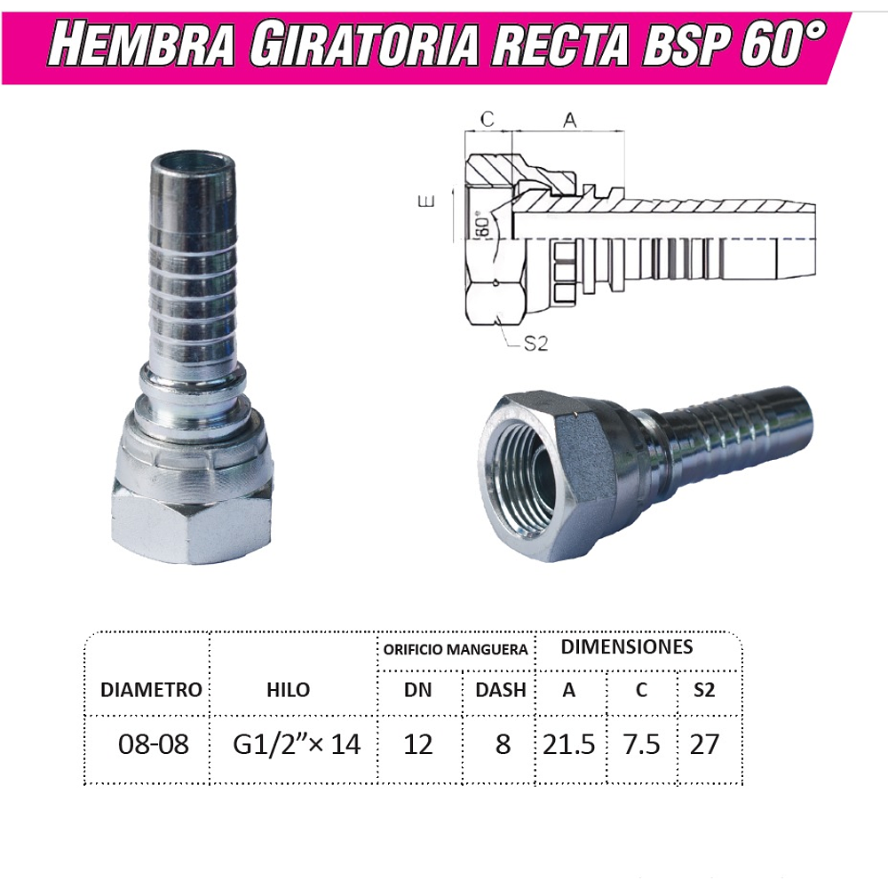 Conector Hidráulico 1/2" x 14 Hembra Giratoria Recta BSP 60 grados