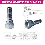 Conector Hidráulico 1/2" x 14 Hembra Giratoria Recta BSP 60 grados