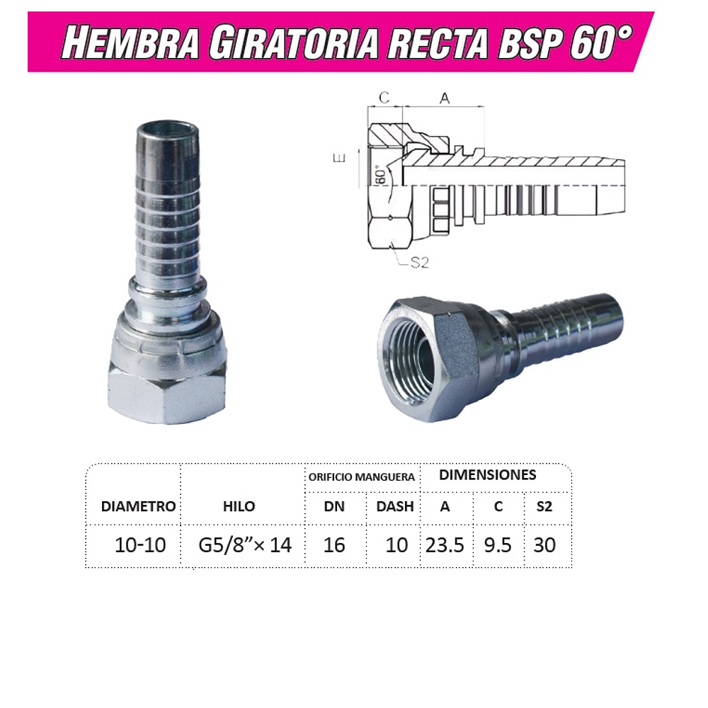 Conector Hidráulico 5/8" x 14 Hembra Giratoria Recta BSP 60 grados