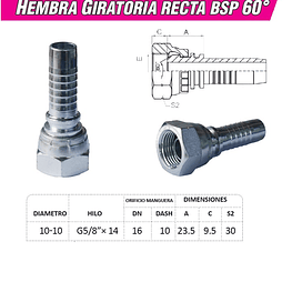 Conector Hidráulico 5/8" x 14 Hembra Giratoria Recta BSP 60 grados