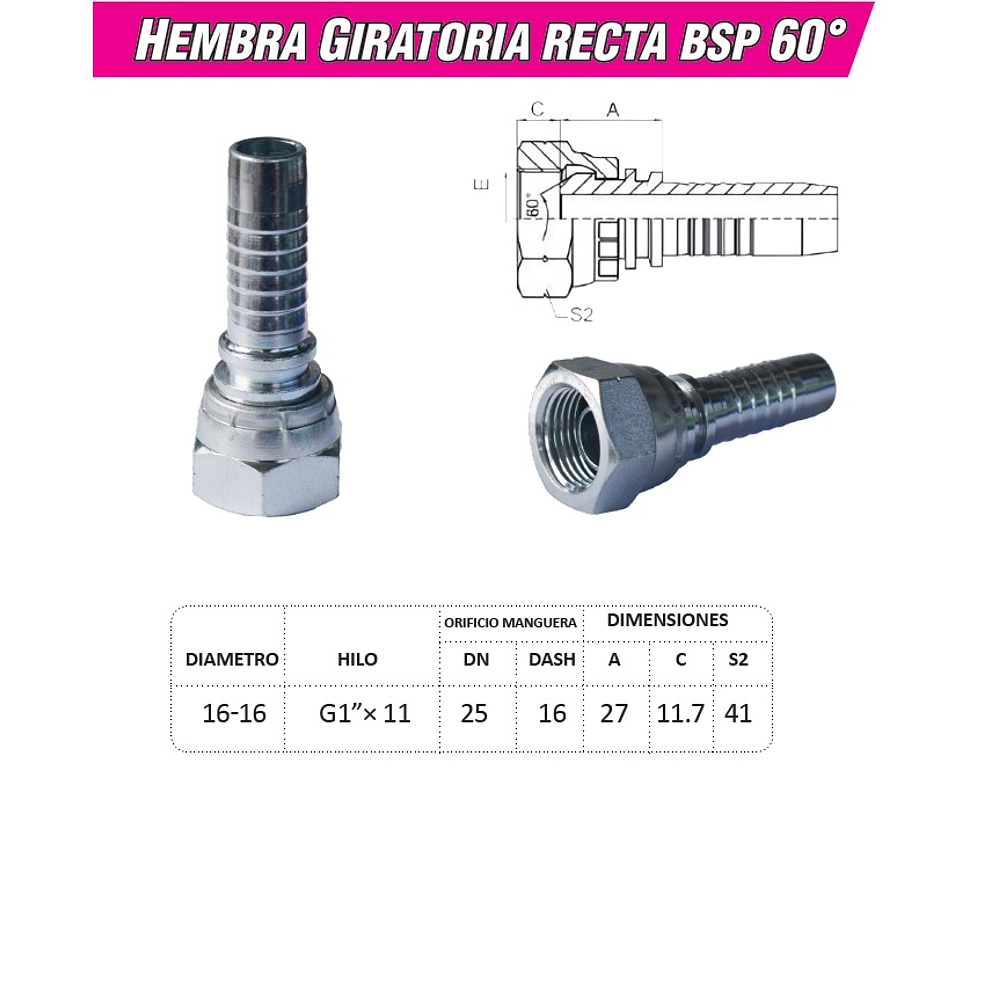 Conector Hidráulico 1" x 11 Hembra Giratoria Recta BSP 60 grados