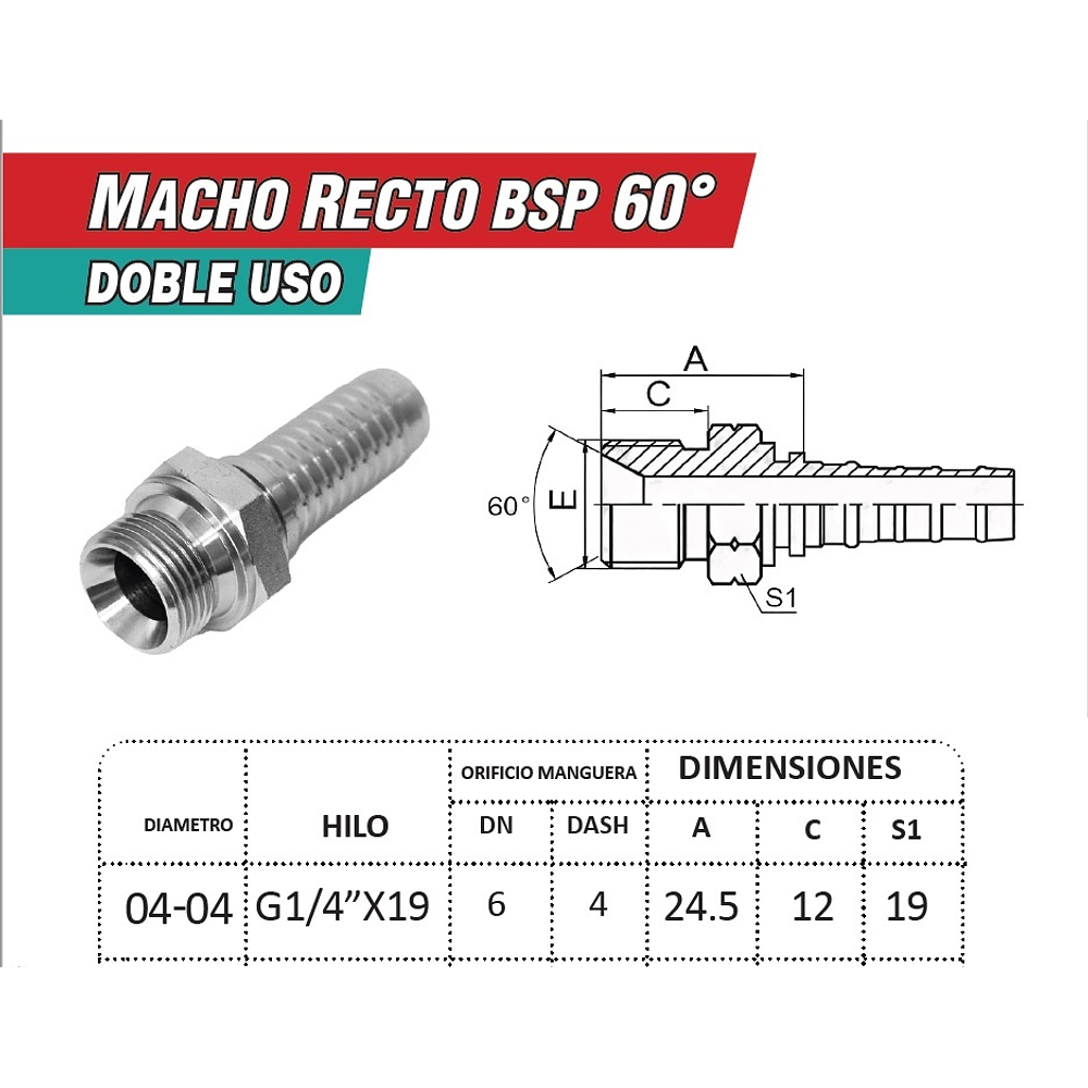 Conector Hidráulico 1/4" x 19 Macho Recto BSP 60 grados