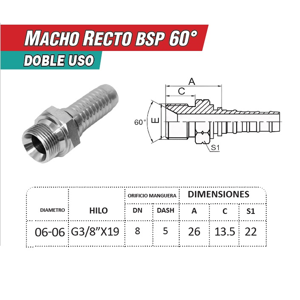 Conector Hidráulico 3/8" x 19 Macho Recto BSP 60 grados
