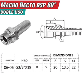 Conector Hidráulico 3/8" x 19 Macho Recto BSP 60 grados