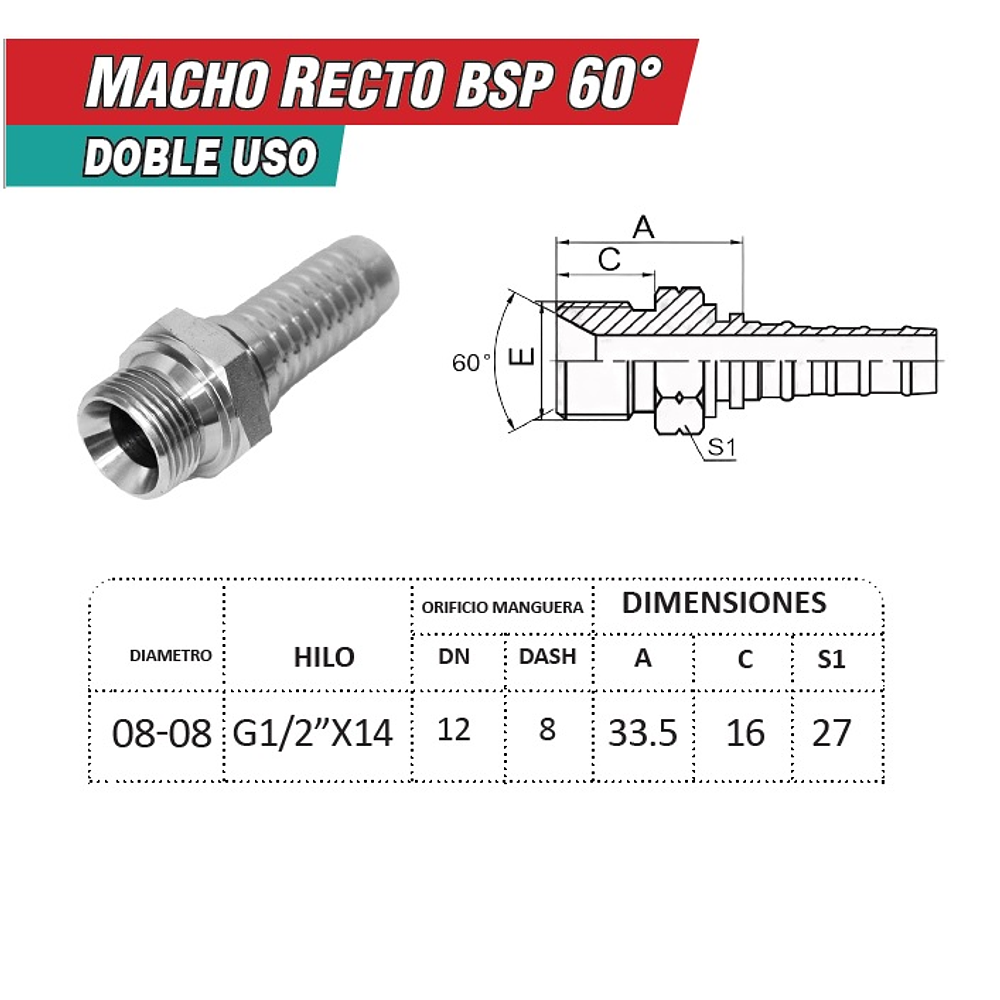 Conector Hidráulico 1/2" x 19 Macho Recto BSP 60 grados