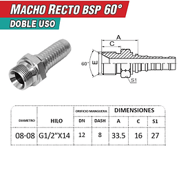 Conector Hidráulico 1/2" x 19 Macho Recto BSP 60 grados