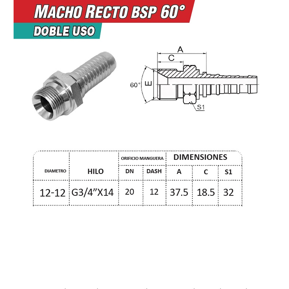 Conector Hidráulico 3/4" x 14 Macho Recto BSP 60 grados