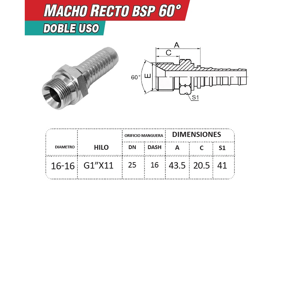 Conector Hidráulico 1" x 11 Macho Recto BSP 60 grados